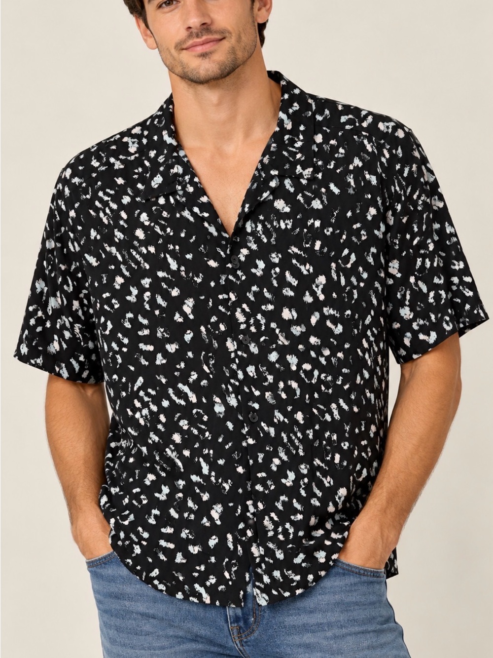 Jack & Jones XXL Black Abstract Print Cuban Collar Button-Up Shirt